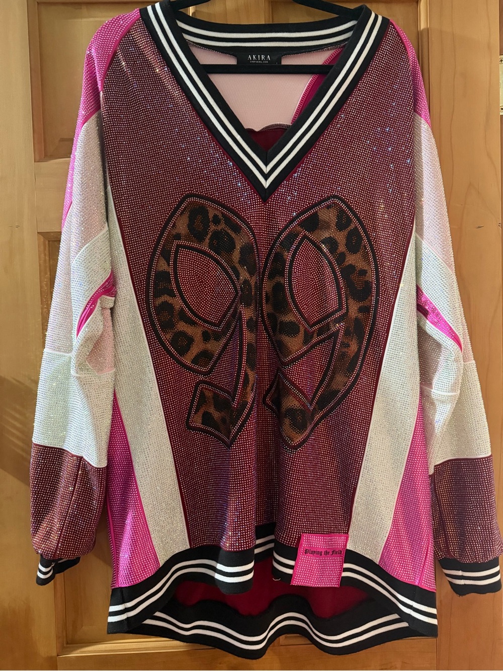 AKIRA Pink & Black Rhinestone Mesh Pullover Dress with Leopard Appliqué